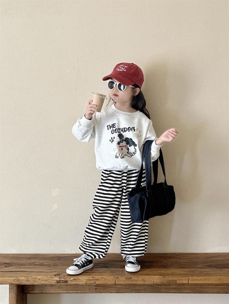 Set Áo Cotton In Hình Cún Dễ Thương Phối Quần Nỉ Kẻ Form Suông