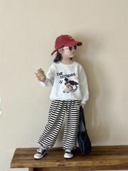 Set Áo Cotton In Hình Cún Dễ Thương Phối Quần Nỉ Kẻ Form Suông