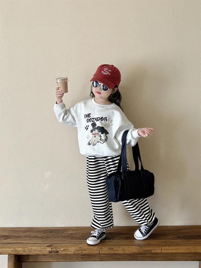 Set Áo Cotton In Hình Cún Dễ Thương Phối Quần Nỉ Kẻ Form Suông