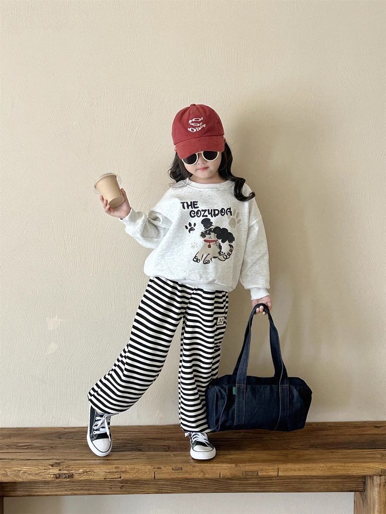 Set Áo Cotton In Hình Cún Dễ Thương Phối Quần Nỉ Kẻ Form Suông