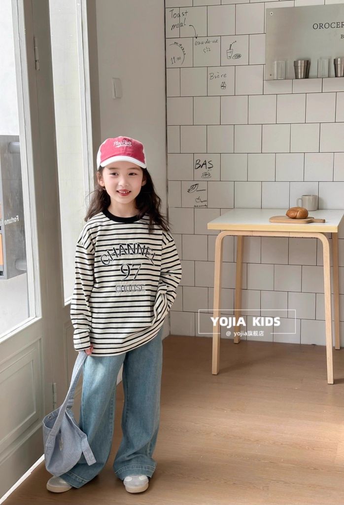 Set Áo Cotton Kẻ Channel Phối Quần Jean Giặt Mài Cao Cấp