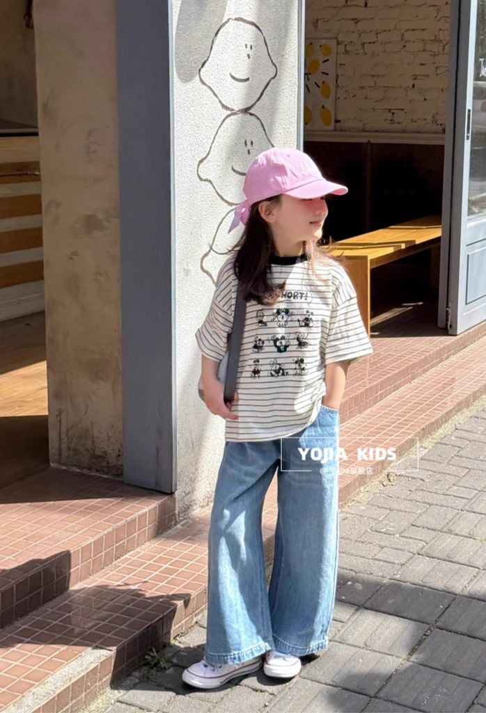 Set Áo Cotton Kẻ Ngang Hình Dễ Thương Quần Jean Dài Suông Giặt Mài