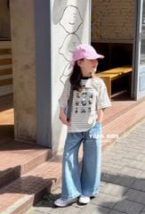 Set Áo Cotton Kẻ Ngang Hình Dễ Thương Quần Jean Dài Suông Giặt Mài