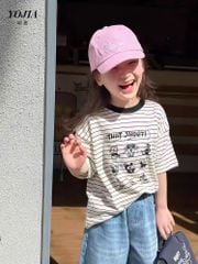 Set Áo Cotton Kẻ Ngang Hình Dễ Thương Quần Jean Dài Suông Giặt Mài