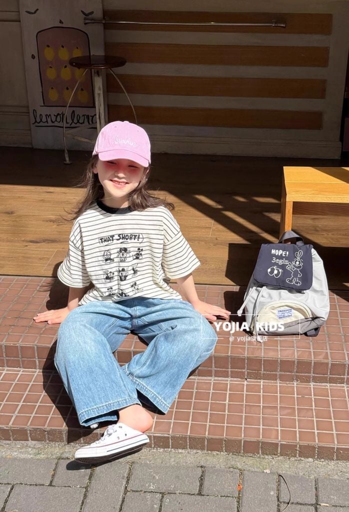 Set Áo Cotton Kẻ Ngang Hình Dễ Thương Quần Jean Dài Suông Giặt Mài