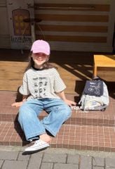 Set Áo Cotton Kẻ Ngang Hình Dễ Thương Quần Jean Dài Suông Giặt Mài