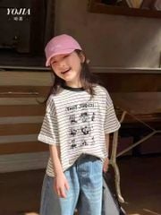 Set Áo Cotton Kẻ Ngang Hình Dễ Thương Quần Jean Dài Suông Giặt Mài