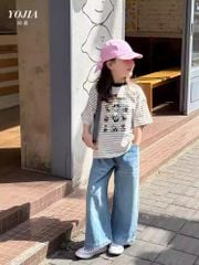 Set Áo Cotton Kẻ Ngang Hình Dễ Thương Quần Jean Dài Suông Giặt Mài