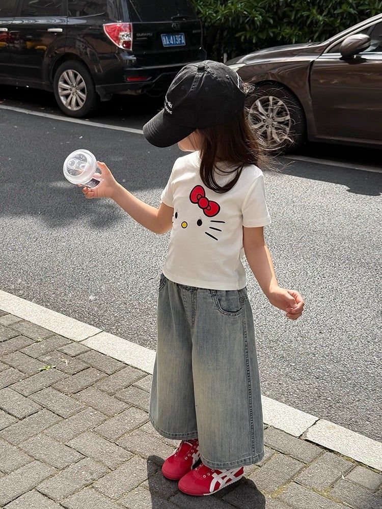 Set Áo Cotton Mèo Đáng Yêu Phối Quần Jean Dài Form Suông