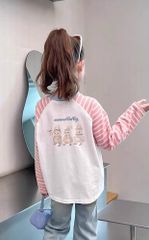 Set Áo Cotton Raglan Dài Tay Kẻ Hồng Quần Jean Giặt Mài Form Suông