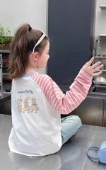 Set Áo Cotton Raglan Dài Tay Kẻ Hồng Quần Jean Giặt Mài Form Suông