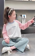 Set Áo Cotton Raglan Dài Tay Kẻ Hồng Quần Jean Giặt Mài Form Suông