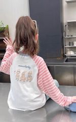 Set Áo Cotton Raglan Dài Tay Kẻ Hồng Quần Jean Giặt Mài Form Suông