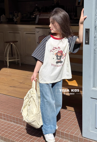 Set Áo Cotton From Rộng Tay Raglan Kẻ Quần Jean Dài Giặt Mài From Suông