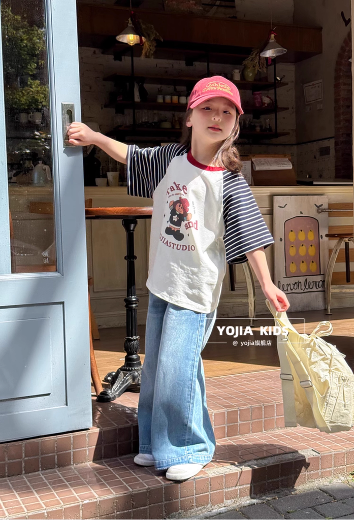 Set Áo Cotton From Rộng Tay Raglan Kẻ Quần Jean Dài Giặt Mài From Suông