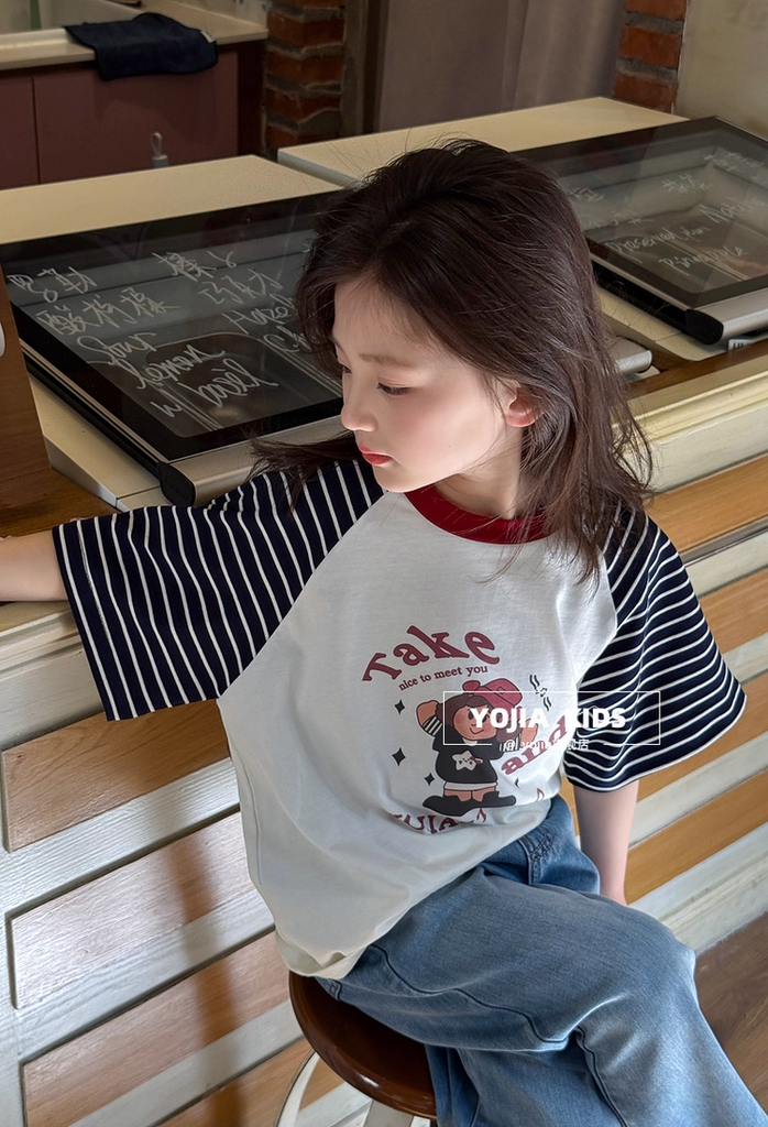 Set Áo Cotton From Rộng Tay Raglan Kẻ Quần Jean Dài Giặt Mài From Suông