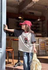 Set Áo Cotton From Rộng Tay Raglan Kẻ Quần Jean Dài Giặt Mài From Suông