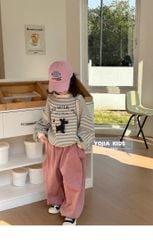 Set Áo Dài Tay Kẻ Sọc Hình Chú Cún Phối Quần Kaki Form Rộng