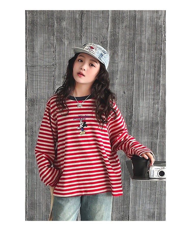 Set Áo Mickey Kẻ Đỏ Phối Quần Jean Giặt Mài Cao Cấp