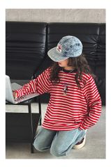 Set Áo Mickey Kẻ Đỏ Phối Quần Jean Giặt Mài Cao Cấp