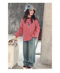 Set Áo Mickey Kẻ Đỏ Phối Quần Jean Giặt Mài Cao Cấp