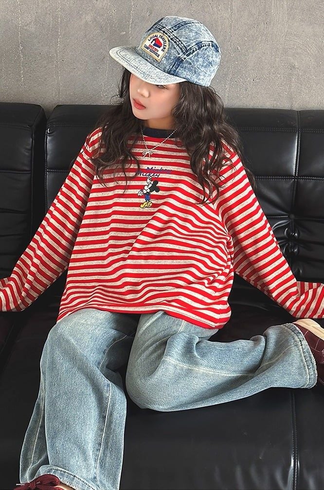 Set Áo Mickey Kẻ Đỏ Phối Quần Jean Giặt Mài Cao Cấp