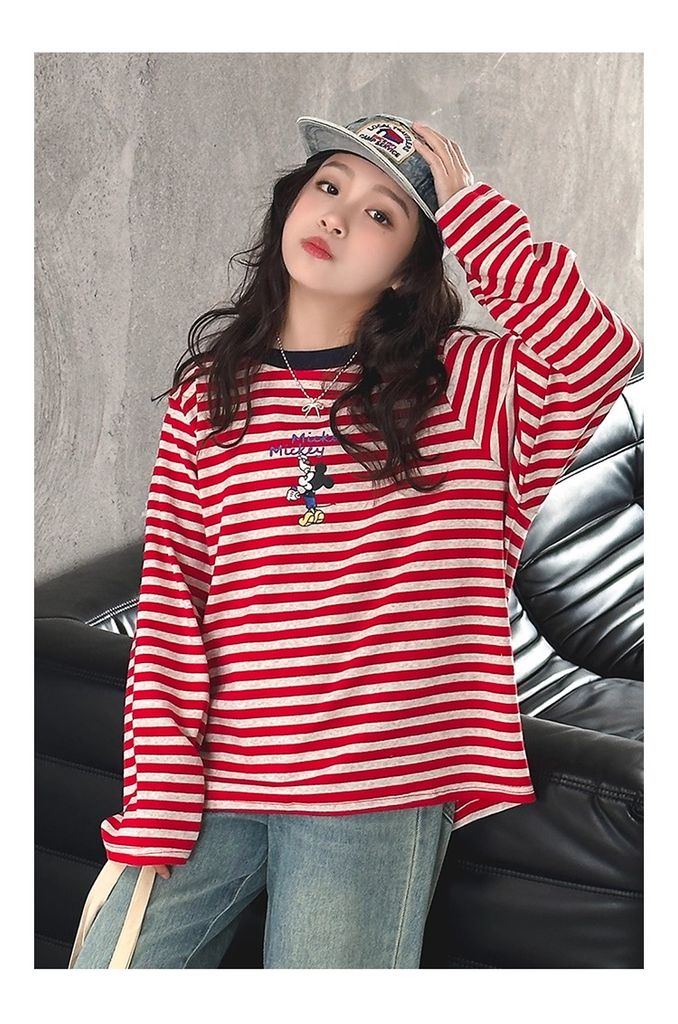 Set Áo Mickey Kẻ Đỏ Phối Quần Jean Giặt Mài Cao Cấp