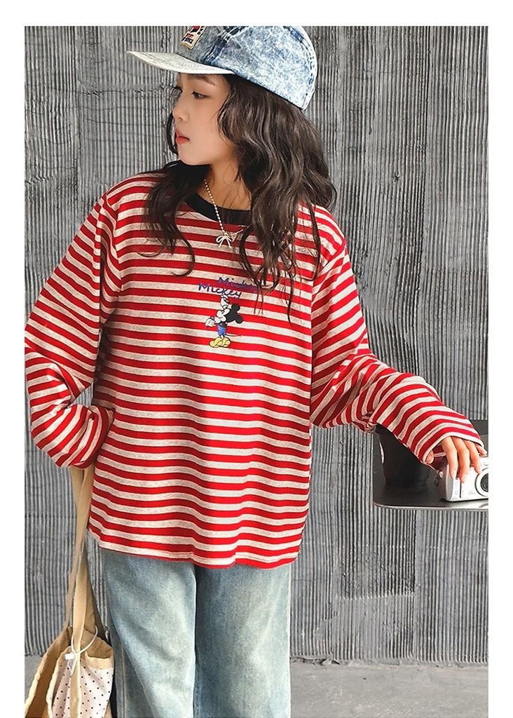 Set Áo Mickey Kẻ Đỏ Phối Quần Jean Giặt Mài Cao Cấp
