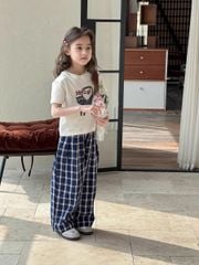 Set Áo Trắng In Mèo Phối Quần Kẻ Xanh Xinh Xỉu