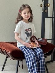 Set Áo Trắng In Mèo Phối Quần Kẻ Xanh Xinh Xỉu
