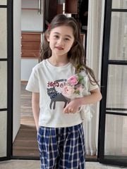 Set Áo Trắng In Mèo Phối Quần Kẻ Xanh Xinh Xỉu