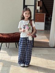 Set Áo Trắng In Mèo Phối Quần Kẻ Xanh Xinh Xỉu