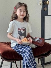 Set Áo Trắng In Mèo Phối Quần Kẻ Xanh Xinh Xỉu
