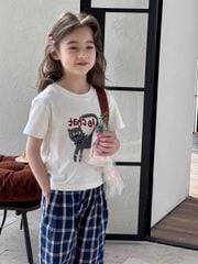 Set Áo Trắng In Mèo Phối Quần Kẻ Xanh Xinh Xỉu