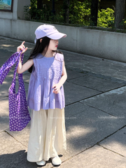 Set Bé Gái Áo Sơ Mi Xếp Ly Tím Phối Quần From Rộng