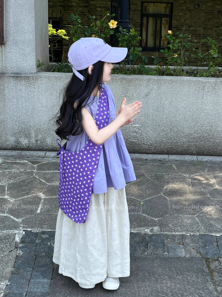 Set Bé Gái Áo Sơ Mi Xếp Ly Tím Phối Quần From Rộng