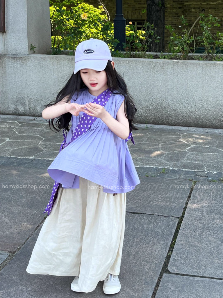 Set Bé Gái Áo Sơ Mi Xếp Ly Tím Phối Quần From Rộng