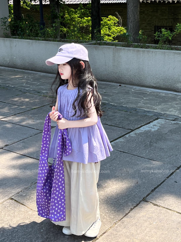 Set Bé Gái Áo Sơ Mi Xếp Ly Tím Phối Quần From Rộng