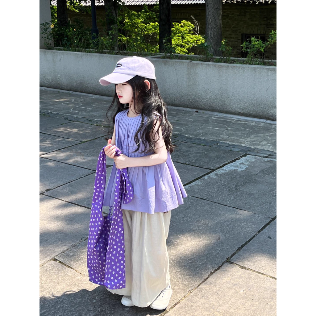 Set Bé Gái Áo Sơ Mi Xếp Ly Tím Phối Quần From Rộng