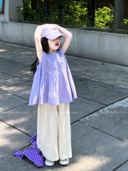 Set Bé Gái Áo Sơ Mi Xếp Ly Tím Phối Quần From Rộng