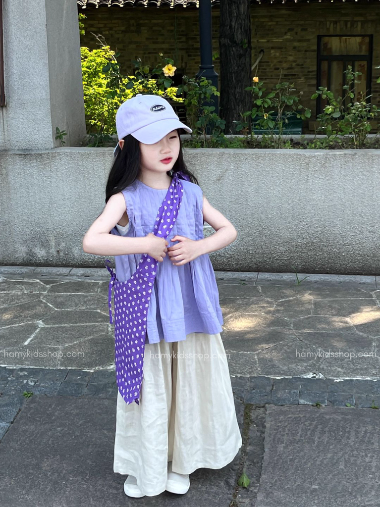 Set Bé Gái Áo Sơ Mi Xếp Ly Tím Phối Quần From Rộng