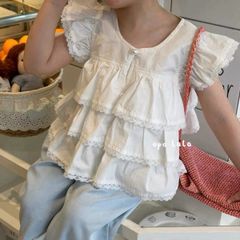Set Bé Gái Áo Thô Trắng 3 Tầng Phối Ren Mix Quần Jean Form Suông
