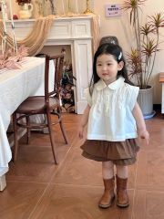 Set Bé Gái Áo Trắng Nhún Ngực Mix Chân Váy Nâu 2 Tầng Có Chip