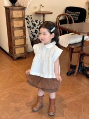 Set Bé Gái Áo Trắng Nhún Ngực Mix Chân Váy Nâu 2 Tầng Có Chip