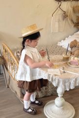 Set Bé Gái Áo Trắng Nhún Ngực Mix Chân Váy Nâu 2 Tầng Có Chip