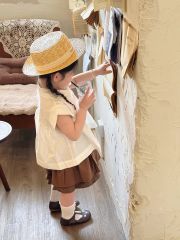 Set Bé Gái Áo Trắng Nhún Ngực Mix Chân Váy Nâu 2 Tầng Có Chip