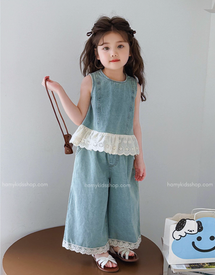 Set Jean Tiểu Giặt Mài Phối Ren Điệu Đà