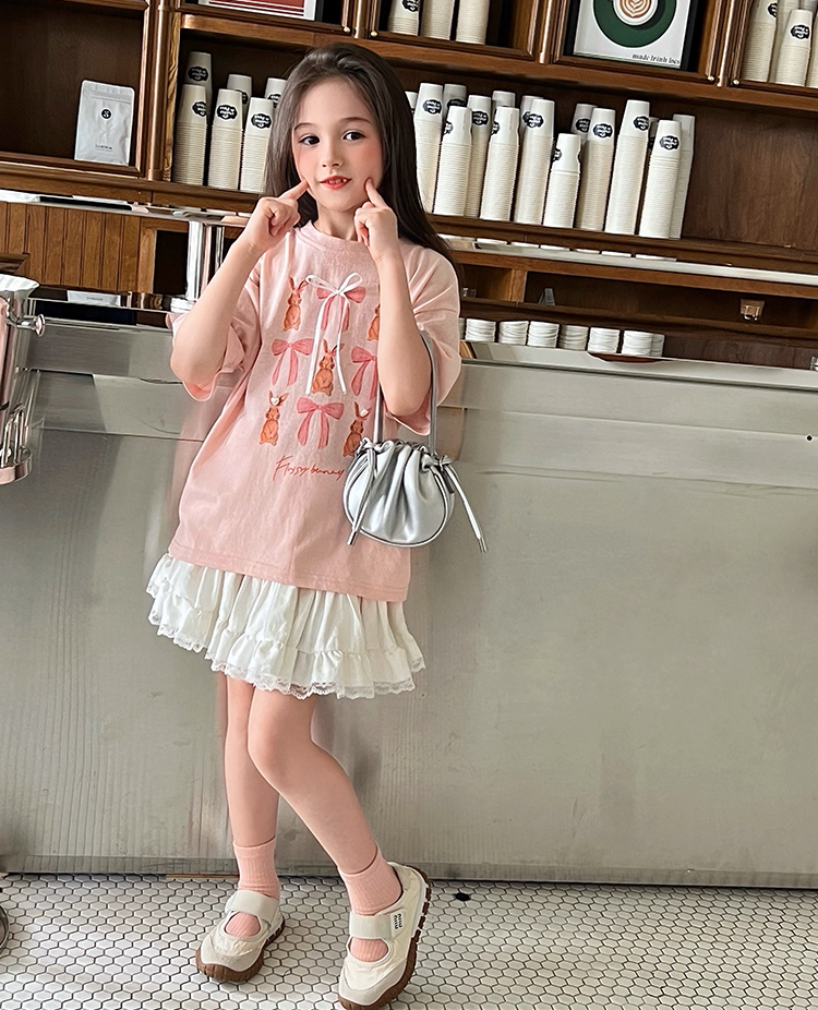 Set Nàng Thơ Áo Thun Hồng Đính Nơ Mix Chân Váy Trắng Phối Ren