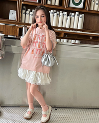 Set Nàng Thơ Áo Thun Hồng Đính Nơ Mix Chân Váy Trắng Phối Ren