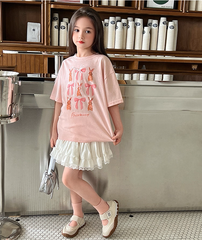 Set Nàng Thơ Áo Thun Hồng Đính Nơ Mix Chân Váy Trắng Phối Ren